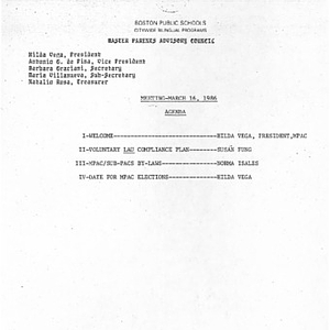 Agenda for Bilingual Master Parents Advisory Council meeting on March 16, 1986
