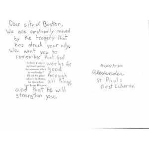 Condolence card from a St. Paul's First Lutheran School student (North Hollywood, California)