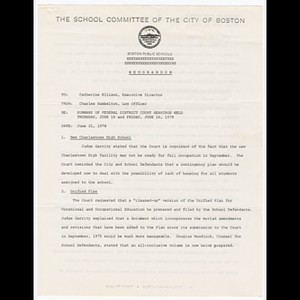 Memorandum from Charles Hambelton to Catherine Ellison about federal district court hearing held June 15 and June 16, 1978