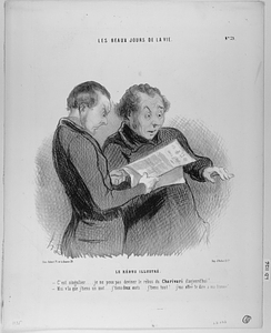 Le RÉBUS ILLUSTRÉ. - C'est singulier.... je ne peux pas deviner le rébus du Charivari d'aujourd'hui!...... - Moi v'la que je tiens un mot..... j'tiens deux mots.... j'tiens tout!... j'vas aller le dire à ma femme!