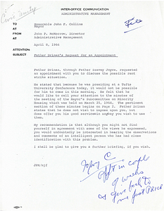 Memorandum from John P. McMorrow on behalf of Father Robert F. Drinan to Mayor John F. Collins concerning a potential rent strike with attached Mayor's Subcommittee on Minority Housing meeting minutes