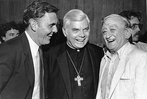 Mayor Raymond L. Flynn with Archbishop Bernard F. Law and Boston Celtics radio announcer Johnny Most