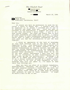 Correspondence from Kim Stuart to Lou Sullivan (March 19, 1986)