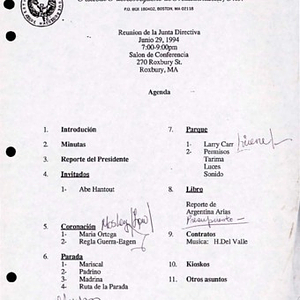 Agenda from Festival Puertorriqueño de Massachusetts, Inc. Board of Directors meeting on June 29, 1994