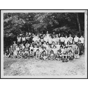 Group portrait of campers and counselors at unidentified YMCA camp