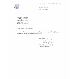 Letter to the city of Boston from the United States Embassy in Dublin