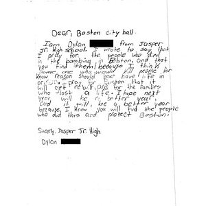 Letter to the city of Boston from a student at Jasper Junior High School (Jasper, Texas)