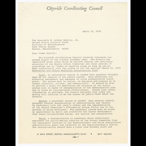 Letter from Robert C. Wood to Judge Garrity about areas of concern for Boston Public Schools with report about citizen participation and vocational educaiton attached