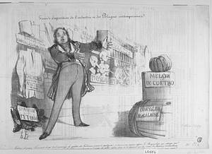 Grande Exposition de l'industrie et des Blagues contemporaines. Entrez et jugez! J'ai tout dirigé tout encouragé, la galette des Tribunaux consacrée au digeste, (à Part: et d'une digestion difficile). La Phisyonochipe qui attrape tout! (hormis la ressemblance) Le bitume coulé (tout-à-fait,) Les Chemises d'hommes à l'usage des petits enfans dont on n'apperçoit que les (Colles.) Les chapeaux merveilleux indestructibles (qui fondent au soleil et se délayent à la pluie). La pommade du Dromadaire tant recherchée! (par les chameaux.) La graine de niais que vous connaissez (tous.) La Brasserie anglaise qui mousse si bien! (dans les Journaux.) et le sublime, le classique charbon de St Pétrain quon peut mettre à l'épreuve (du feu.).