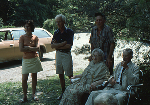 Robin Jensen, R.R.R. Brooks, and Arthur G., Ella M., and Arthur E. Rosenburg at the Moon Barn Raising at entrance to Hopkins Forest on 2 August 1975.