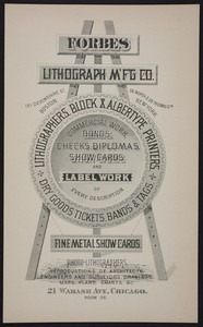 Trade card for Forbes Lithograph Manufacturing Co., lithographers, Block & Albertype Printers, 21 Wabash Avenue, Chicago, Illinois, undated
