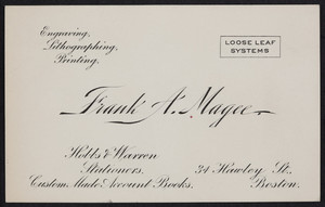 Trade card for Frank A. Magee, Hobbs & Warren, stationers, 34 Hawley Street, Boston, Mass., undated