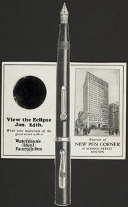 Trade card for New Pen Corner, Waterman's Ideal Fountain Pen, 40 School Street, Boston, Mass., 1925