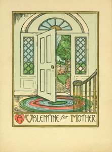 Valentine's Day card, depicting a scene of a front hall and open door of a house, ca. 1923