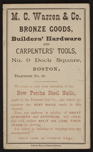 M.C. Warren & Co. bronze goods, builders' hardware and carpenters' tools, No. 9 Dock Square, Boston, Mass., June 20, 1888