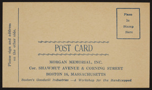 Postcard for the Morgan Memorial, Inc., corner Shawmut Avenue & Corning Street, Boston, Mass., undated