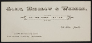 Trade card for Almy, Bigelow & Webber, gent's furnishing goods and custom tailoring department, No.188 Essex Street, Salem, Mass., undated