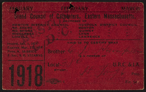 Membership card for the Grand Council of Carpenters, Eastern Massachusetts, January-March, 1918