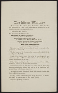 Misses Whitney Select Boarding and Day School for Young Ladies and Misses, No. 9 Main Street, Worcester, Mass., 1863
