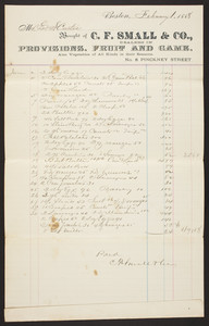 Billhead for C.F. Small & Co., provisions, fruit and game, No. 8 Pinckney Street, Boston, Mass., dated February 1, 1888