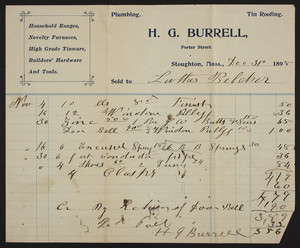 Billhead for H.G. Burrell, plumbing, tin roofing, Porter Street, Stoughton, Mass., dated December 31, 1898