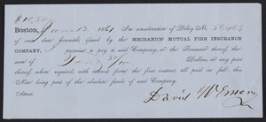Promissory note for the Mechanics' Mutual Fire Insurance Company, Boston, Mass., dated June 13, 1861
