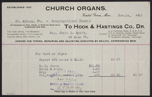 Billhead for Hook & Hastings Co., Dr., church organs, Kendal Green, Mass., dated November 14, 1919