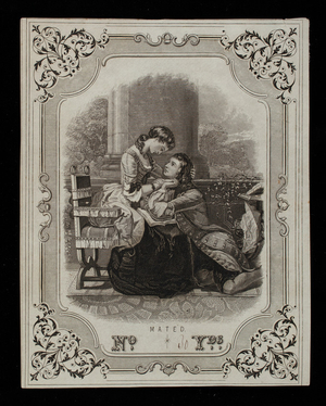 Label for unidentified textile material, embracing woman and man, location unknown, undated