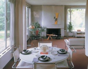 Dining table and view into living room, Gropius House, Lincoln, Mass.