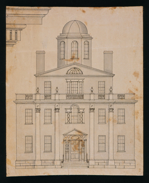 Front elevation and detail drawing of an unidentified building, attributed to Asher Benjamin, location unknown, ca. 1800