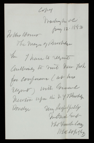 Thomas Lincoln Casey to [Mayor Seth Low], January 12, 1883, copy