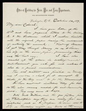 Bernard R. Green to Thomas Lincoln Casey, October 12, 1887