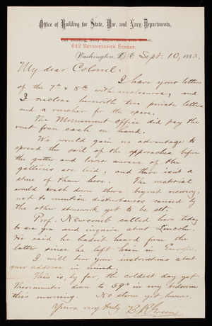 Bernard R. Green to Thomas Lincoln Casey, September 10, 1883