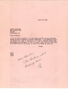 Letter from Fred Myers to Wilbur H. Baldinger