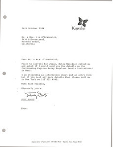 Letter from Judy Stott to Jim O'Bradovich