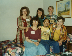 Kathy Dahl, Chude Pamela Allen, Marjorie Merrill (top row, l. to r.), Karen Kunstler, Carl Young, Aviva Futorian (bottom row, l. to r.) at Mississippi Homecoming Reunion