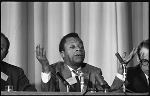 James Baldwin speaking as part of a panel at the Youth, Non-Violence, and Social Change conference, Howard University
