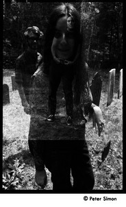 Double exposure of communards in a graveyard, including Verandah Porche (center) and Michael Gies (left), Packer Corners commune