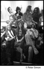 Grateful Dead backstage (rear, left to right): Bob Weir, Mickey Hart, Bill Kreutzman,Jerry Garcia; (front) Keith Godchaux, Donna Godchaux, Phil Lesh