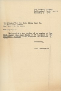 Letter from Judi Chamberlin to Quadrangle/The New York Times Book Company