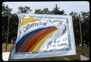 Antinuclear rainbow banner: 'Alternative energy, go for it! No nukes'