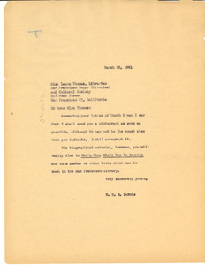 Letter from W. E. B. Du Bois to San Francisco Negro Historical and Cultural Society