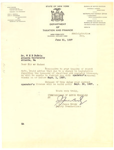 Letter from New York Dept. of Taxation and Finance to W. E. B. Du Bois