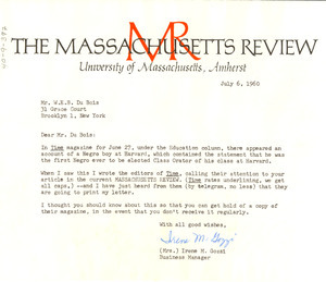 Letter from Massachusetts Review to W. E. B. Du Bois