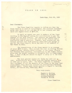 Circular letter from Harvard College, Class of 1890 to W. E. B. Du Bois
