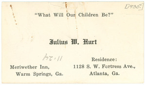 Visiting card of Julius W. Hurt