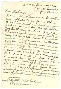 Letter from Elizabeth Whitehead to W. E. B. Du Bois