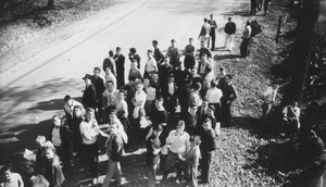 Students gathering along a road during Mountain Day
