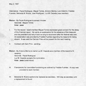 Minutes from Festival Puertorriqueño de Massachusetts, Inc. meeting on May 2, 1997