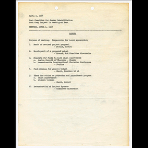 Agenda and project proposal for Host Committee for Summer Rehabilitation Work Camp Project to be held April 1, 1964